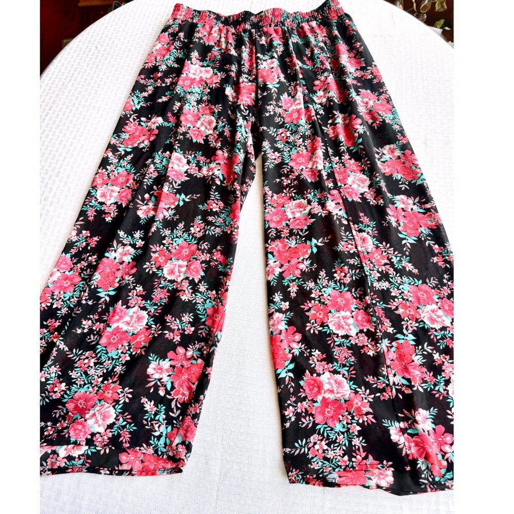 Torrid Floral Wide Leg Palazzo Pants Black Pink Teal Side Slit Size 00 Large XL‎